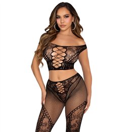 LEG AVENUE - CROP TOP AND FISHNET LEGGING WITH BARE SHOULDERS BLACK - D-243078 - Teknashop Ltd