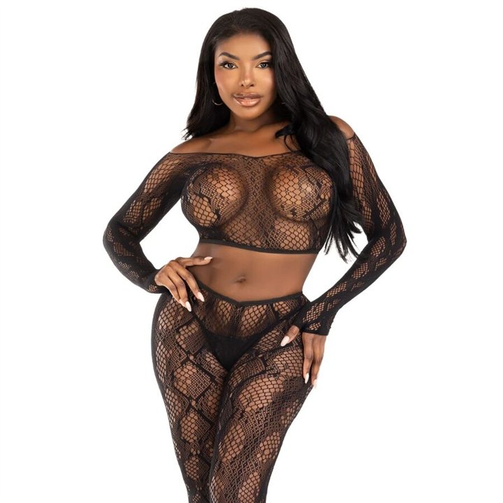 LEG AVENUE - 89373 PYTHON CROP TOP & FOOTLESS TIGHTS BLACK - ONE SIZE - D-245353 - Teknashop Ltd