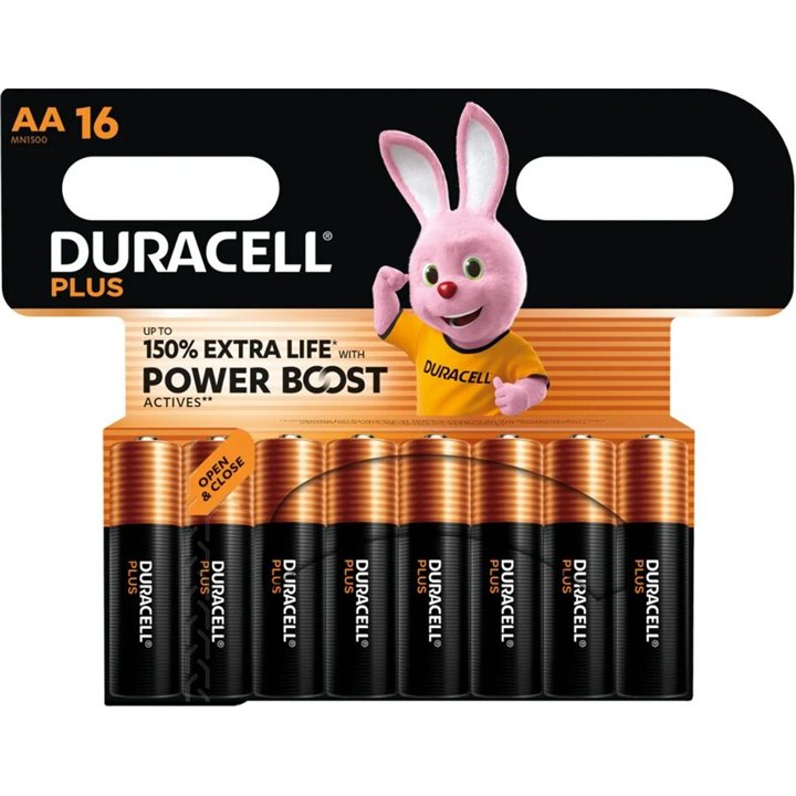 DURACELL - PLUS POWER BOOST AA ALKALINE BATTERY LR6 BLISTER x 16 - D-244757 - Teknashop Ltd