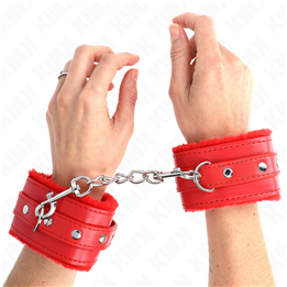KINK - PREMIUM FUR LINED WRIST RESTRAINTS RED WITH RED BELT ADJUSTABLE 17-29 CM X 6 CM - D-241020