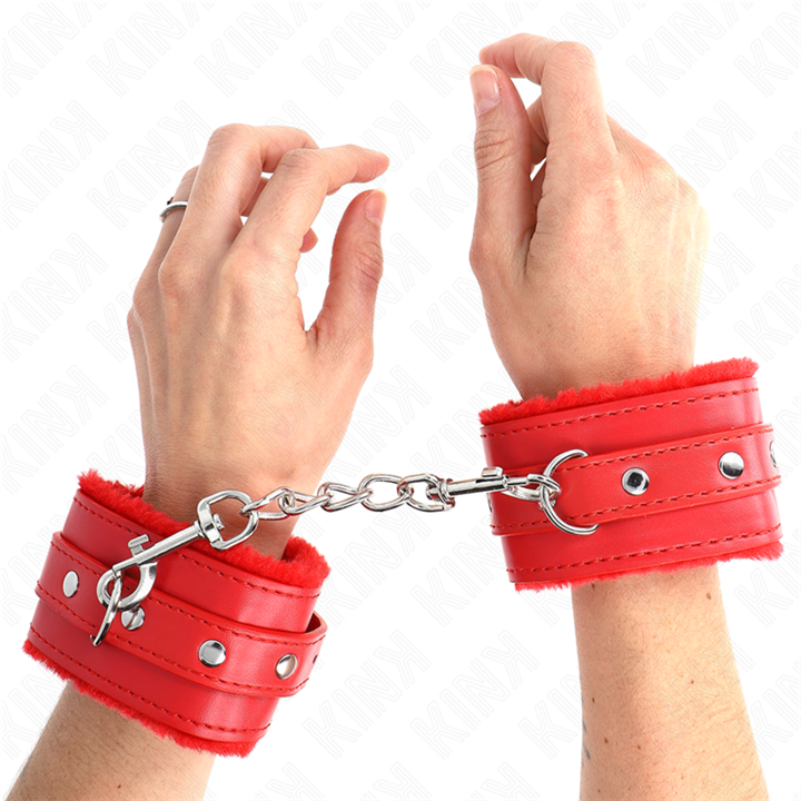 KINK - PREMIUM FUR LINED WRIST RESTRAINTS RED WITH RED BELT ADJUSTABLE 17-29 CM X 6 CM - D-241020