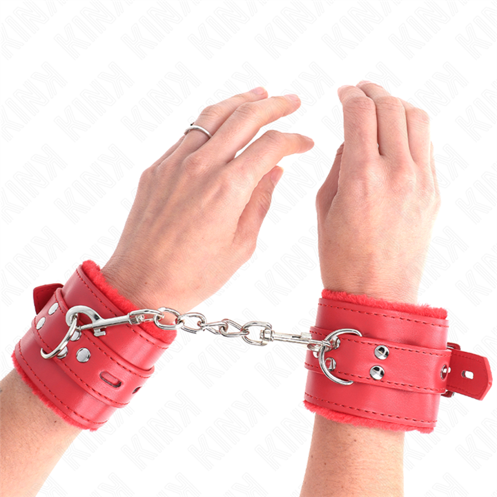 KINK - FUR LINED WRIST RESTRAINTS WITH SQUARE HOLES RED AND RED BELT ADJUSTABLE 17-29 CM X 6 CM - D-241032