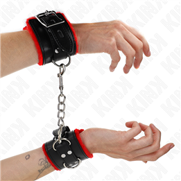 KINK - FUR LINED WRIST RESTRAINTS WITH SQUARE HOLES RED AND BLACK BELT ADJUSTABLE 17-29 CM X 6 CM - D-241034