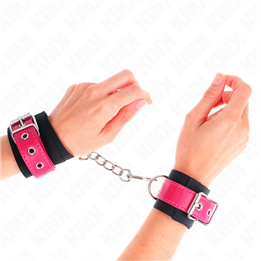 KINK - NYLON WRIST RESTRAINTS BLACK WITH LEATHERETTE BELT RASPBERRY ROSE ADJUSTABLE 19-29 CM X 5.1 CM - D-241038