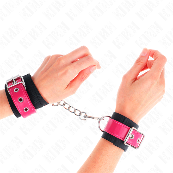 KINK - NYLON WRIST RESTRAINTS BLACK WITH LEATHERETTE BELT RASPBERRY ROSE ADJUSTABLE 19-29 CM X 5.1 CM - D-241038