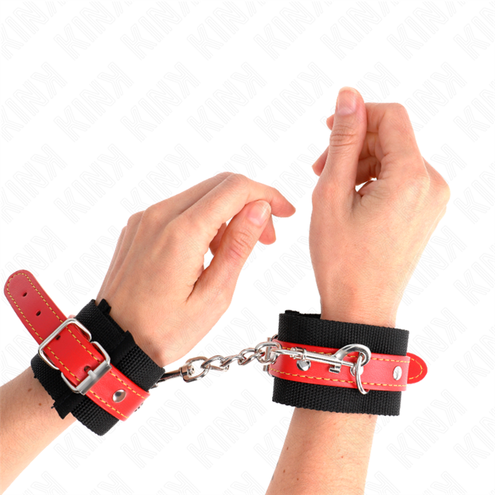 KINK - NYLON WRIST RESTRAINTS BLACK WITH LEATHERETTE RED ADJUSTABLE 19-24 CM X 5.5 CM - D-241040 - Teknashop Ltd