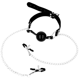 OHMAMA FETISH BLACK BALL GAG WITH NIPPLE CLAMPS - D-231899 - Teknashop Ltd