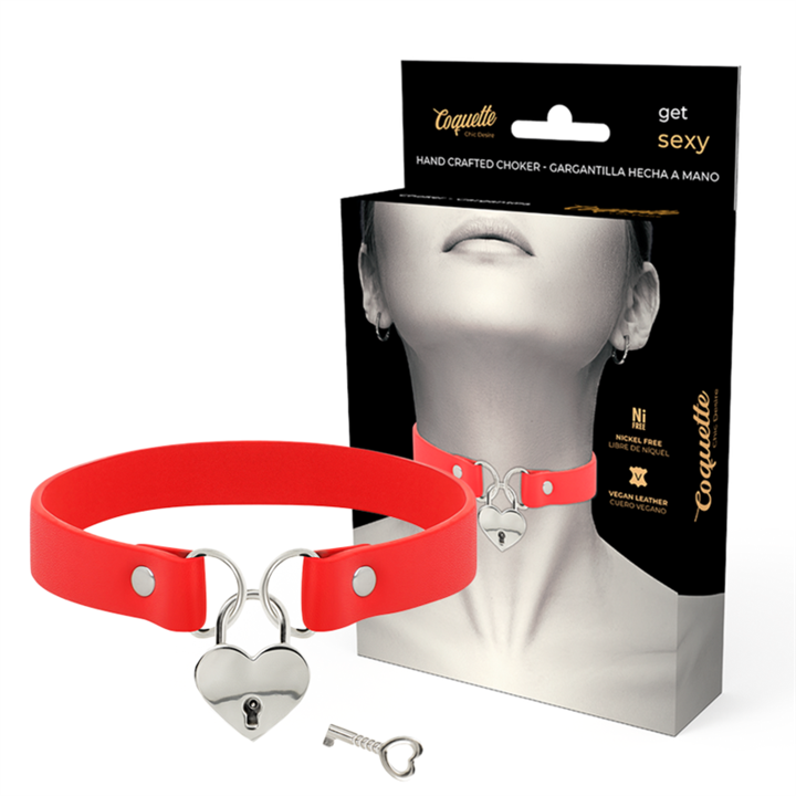 COQUETTE CHIC DESIRE - RED VEGAN LEATHER NECKLACE WITH HEART ACCESSORY WITH KEY - D-229296