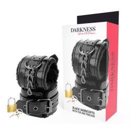 DARKNESS - BLACK ADJUSTABLE LEATHER HANDCUFFS WITH PADLOCK - D-221230