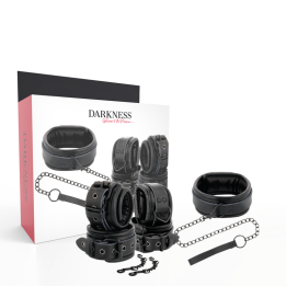DARKNESS - BLACK LEATHER HANDCUFFS AND COLLAR - D-221255