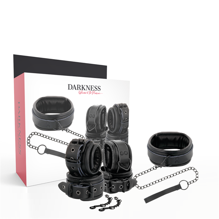 DARKNESS - BLACK LEATHER HANDCUFFS AND COLLAR - D-221255