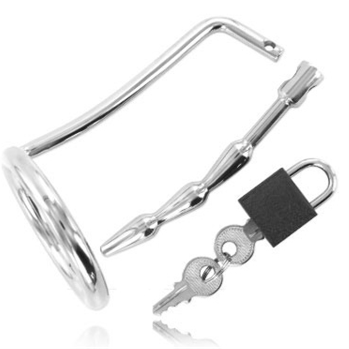METAL HARD - TESTICLE RING WITH URETHRAL CHASTITY PLUG - D-205370 - Teknashop Ltd