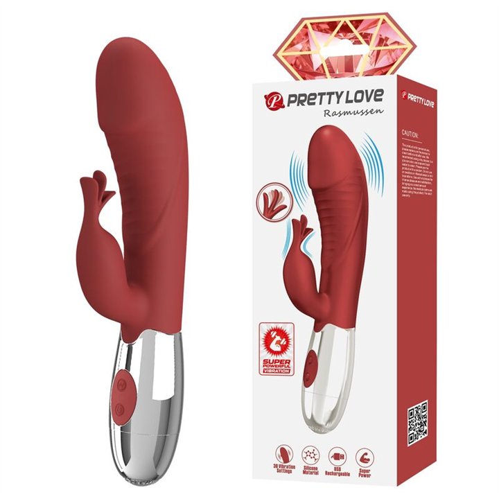 PRETTY LOVE - ROSEWOOD RABBIT VIBRATOR 30 FUNCTIONS USB RECHARGEABLE RED - D-246044