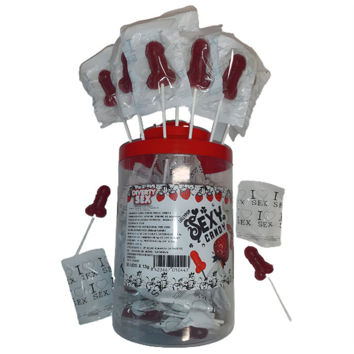 DIABLO PICANTE - 50 STRAWBERRY & CHERRY CANDY PENIS LOLLIPOP 50 UNITS - D-232715