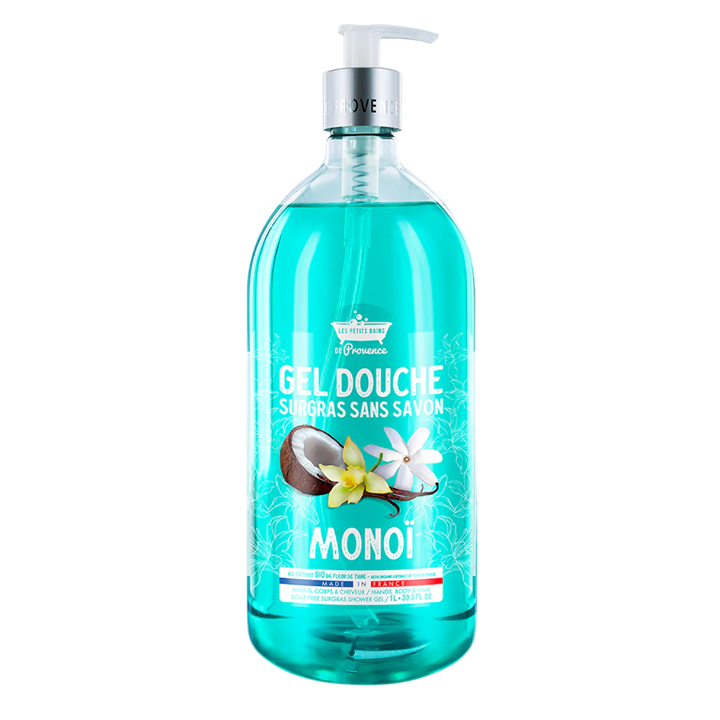 Les Petites Bains de Provence, Monoi, Shower Gel, For Body, Face & Hair, For Sensitive Skin, 1000 ml