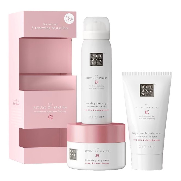 Set Rituals: The Ritual Of Sakura, Shower Mousse, 50 ml + The Ritual Of Sakura, Rejuvenating, Body Scrub, 125 g + The Ritual Of 