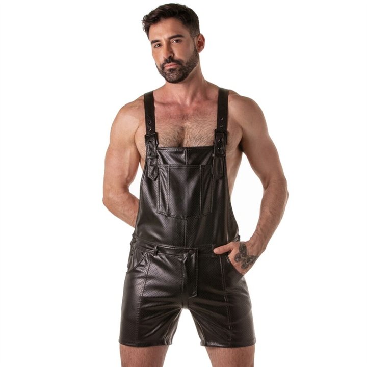 LOCKER GEAR - PUNCH HOLE LEATHERETTE SHORT OVERALLS BLACK M - D-247292 - Teknashop Ltd