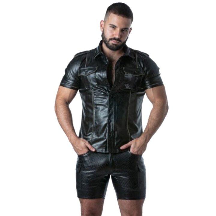 LOCKER GEAR - PUNCH HOLE LEATHERETTE SHIRT KHAKI S - D-247323 - Teknashop Ltd