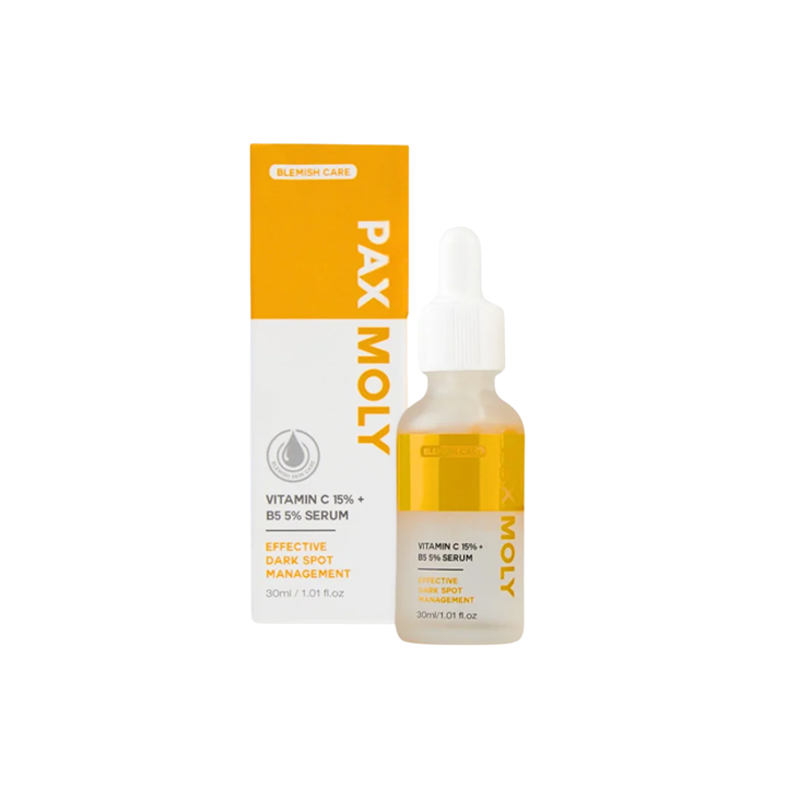 PaxMoly, Effective Dark Spot Management, 15% Vitamina C + 5% B5, Brightening & Hydrating, Day & Night, Serum, For Face, 30 ml - 
